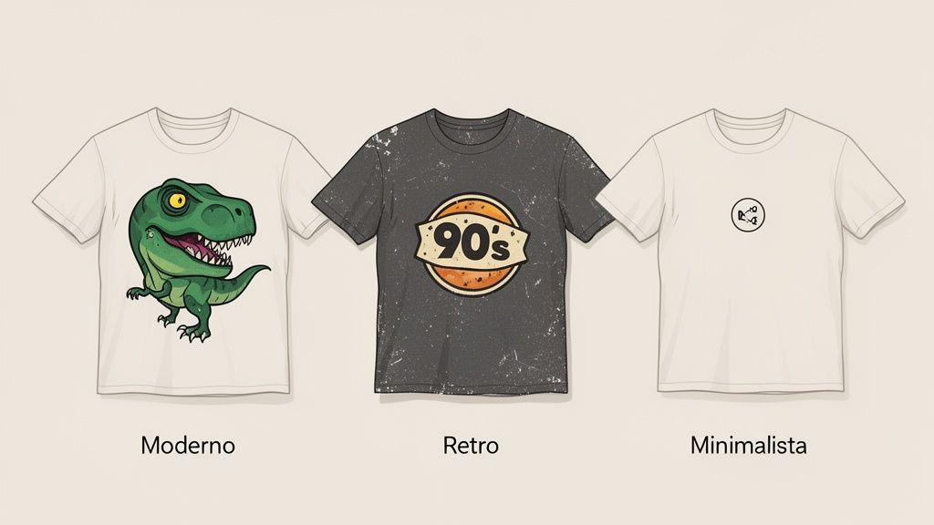 Tres camisetas mostrando diseños moderno (dinosaurio), retro (90's) y minimalista (símbolo abstracto).