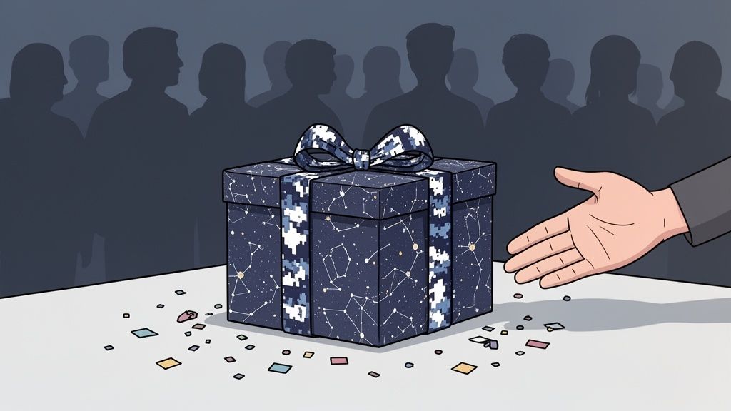 Una caja de regalo azul oscuro con constelaciones y un lazo, presentada por una mano.