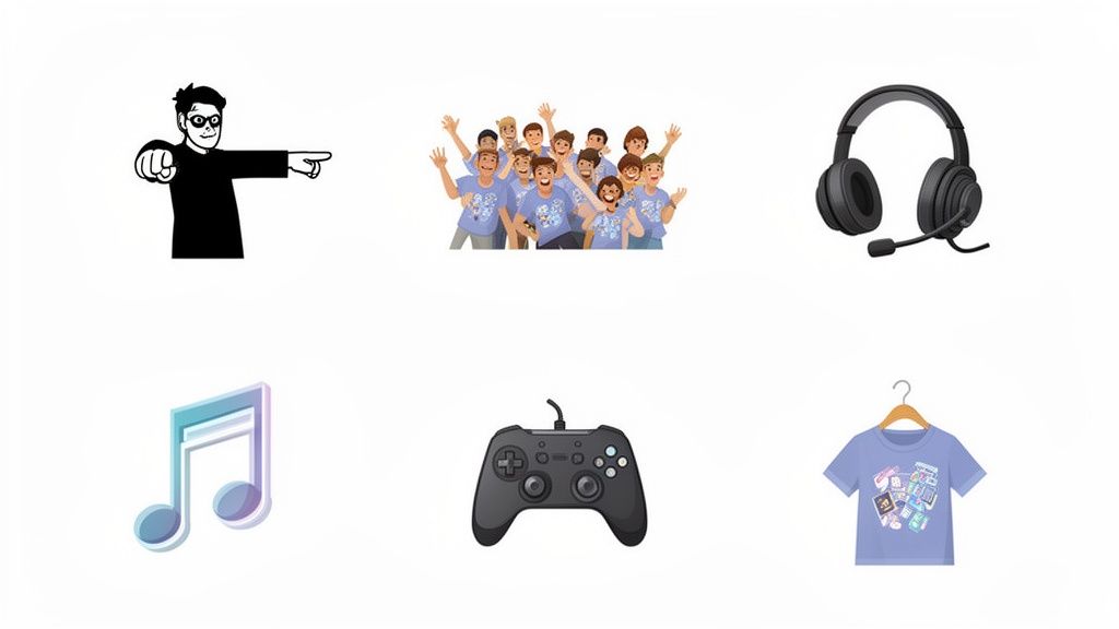 Iconos de la cultura pop: un personaje, grupo de fans, auriculares, nota musical, mando de videojuego y camiseta.