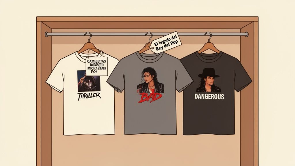 Tres camisetas de Michael Jackson (Thriller, Bad, Dangerous) colgadas en un armario, representando su legado musical.