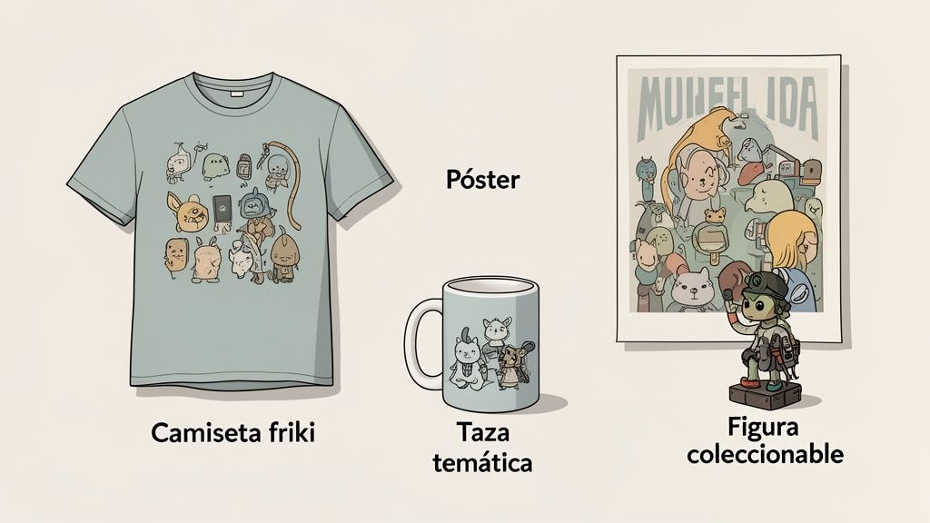 Varios productos temáticos con personajes de dibujos animados: camiseta, taza, póster y figura coleccionable.