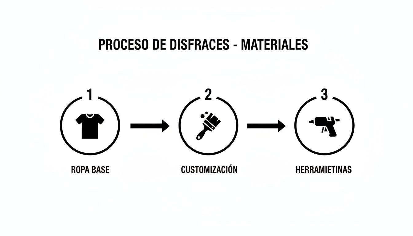 Proceso para crear disfraces caseros: ropa base, personalización con pintura y uso de herramientas.