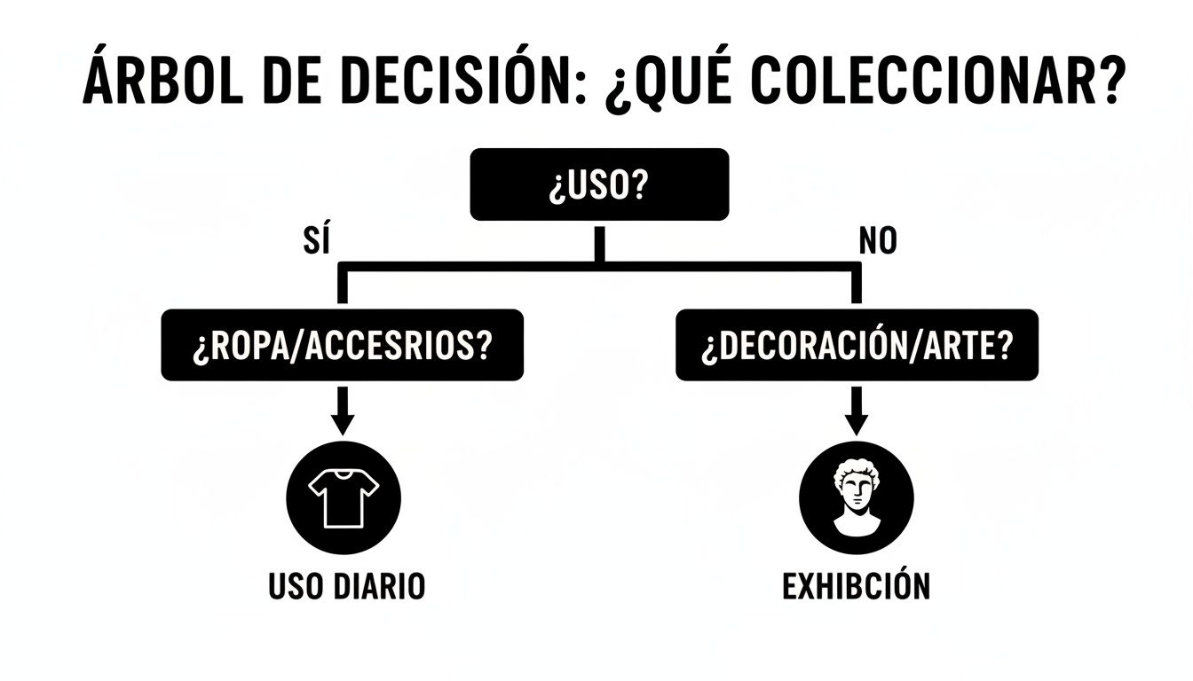 Diagrama de árbol de decisión sobre qué coleccionar: ropa para uso diario o arte de exhibición.