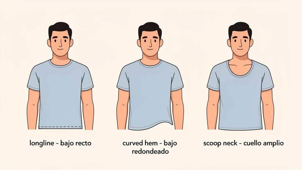 Ilustración de tres hombres mostrando distintos estilos de camisetas: bajo recto, bajo curvo y cuello amplio.