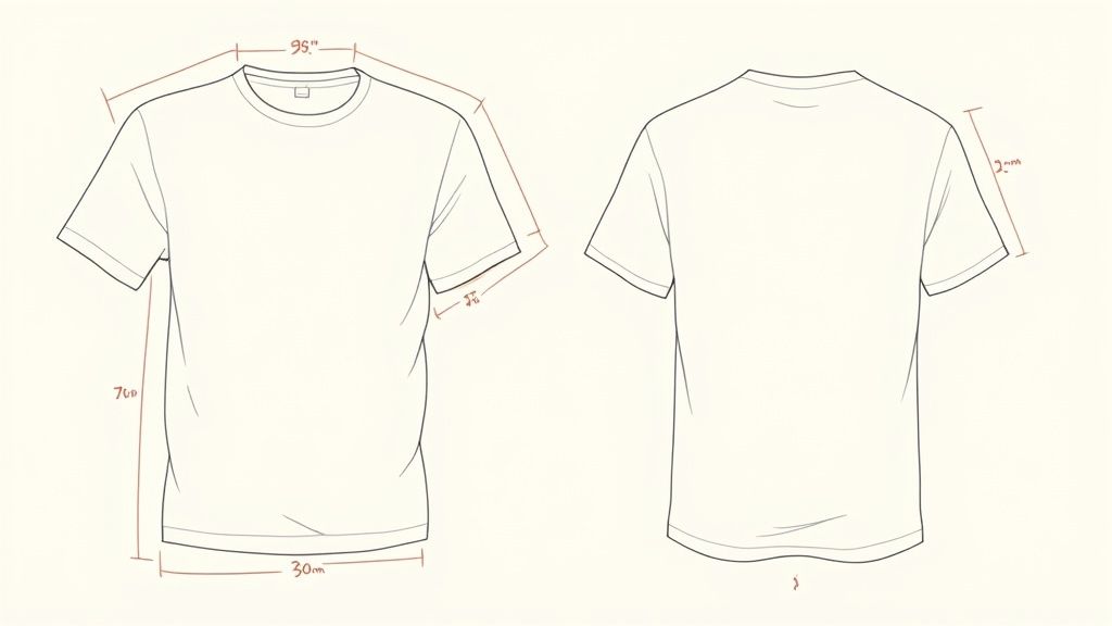 Dibujo técnico de camiseta blanca con medidas detalladas para frente y espalda, ideal para diseño de prendas.