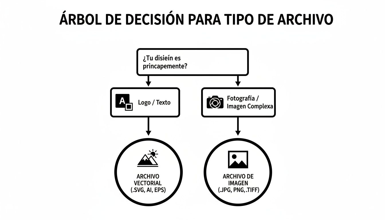 Diagrama de flujo que ayuda a decidir el tipo de archivo adecuado para un diseño, sea vectorial o de imagen.