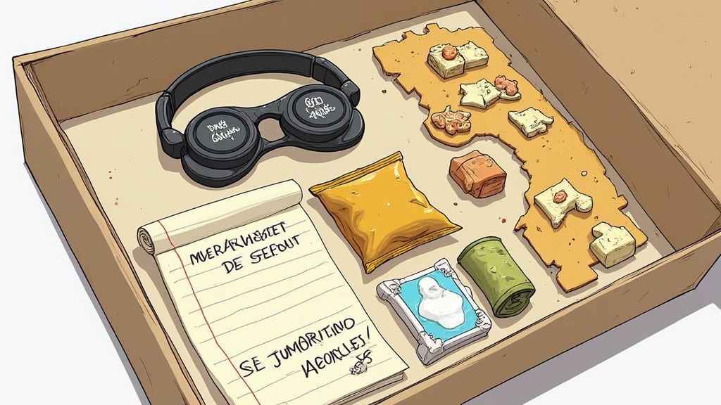 Caja de cartón con auriculares, cuaderno, snacks variados y elementos para una sesión de juego.