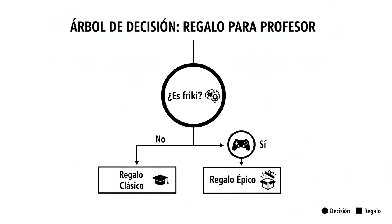 Árbol de decisión humorístico para elegir el regalo perfecto para un profesor, dependiendo si es 'friki'.