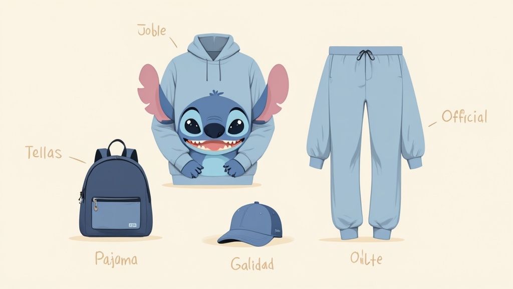 Conjunto de ropa y accesorios de Stitch: sudadera, mochila, gorra y pantalones de chándal azules.