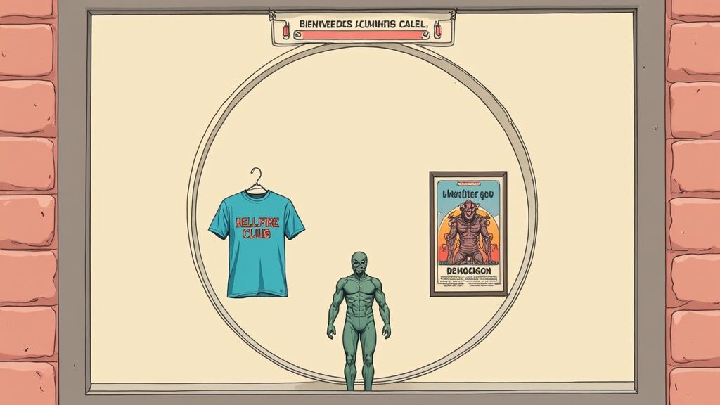 Una camiseta azul del 'Hellfire Club', una figura alienígena verde y un cartel de monstruos en una ventana circular.