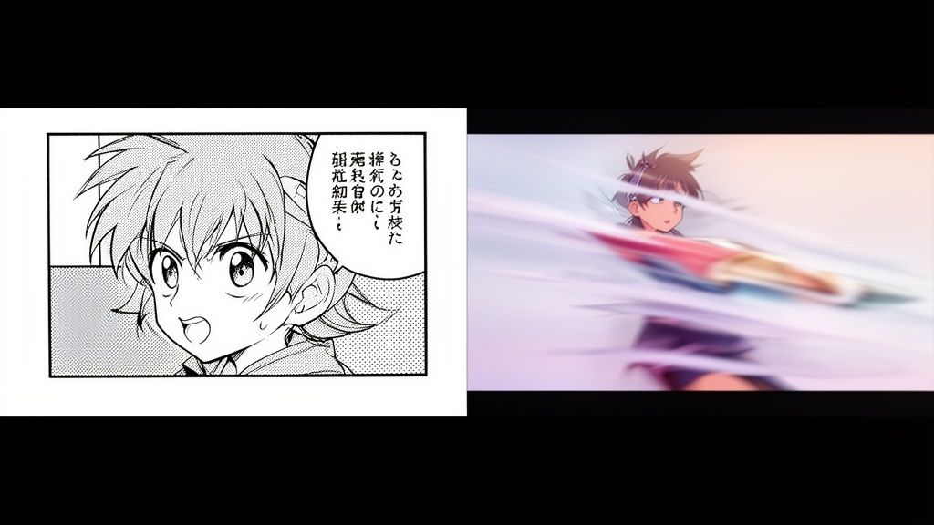 Comparación visual de un personaje entre un panel de manga en blanco y negro y una escena dinámica de anime a color.