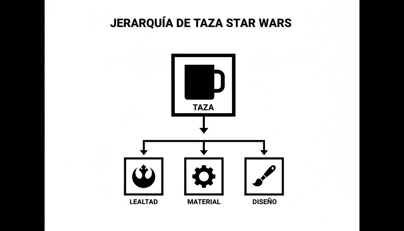 Diagrama de jerarquía de una taza de Star Wars, mostrando factores como lealtad, material y diseño.