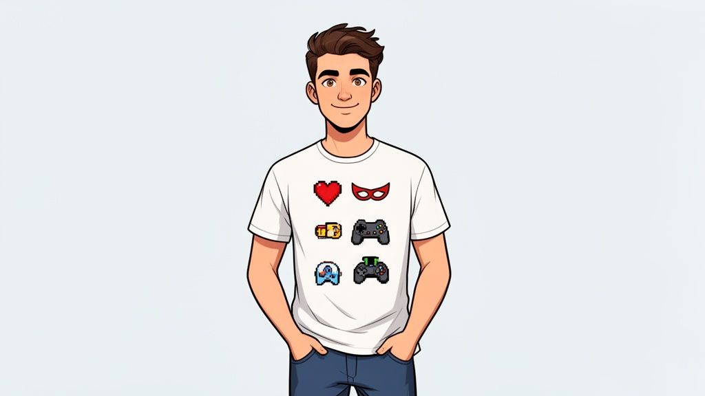 Joven animado sonriendo con camiseta blanca estampada con símbolos pixelados de corazón, antifaz y controladores de videojuegos.