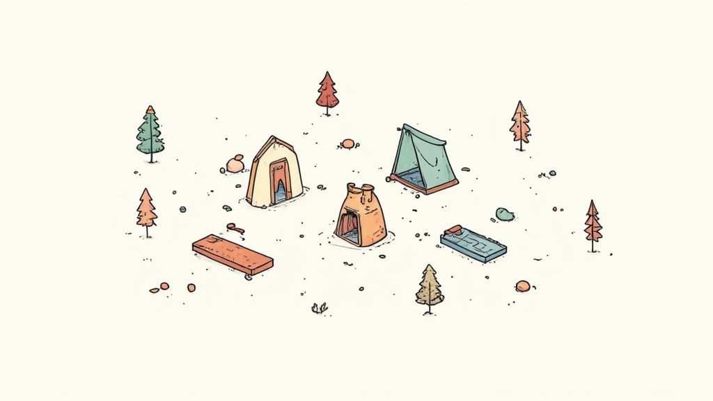 Ilustración minimalista de un campamento con tres tiendas de campaña, dos sacos de dormir y varios árboles.