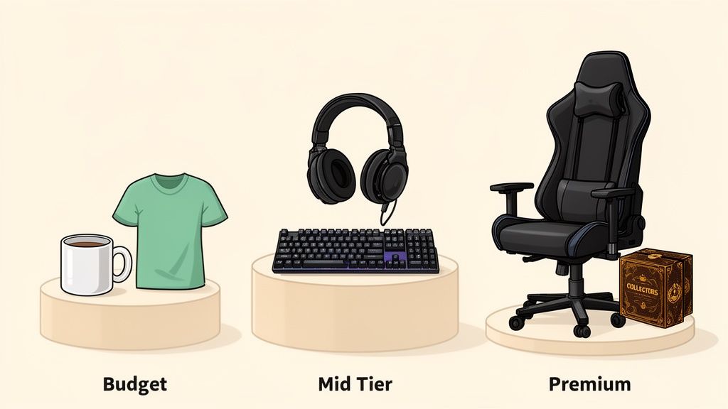 Ilustración de tres niveles de regalos para gamers: presupuesto, gama media y premium.