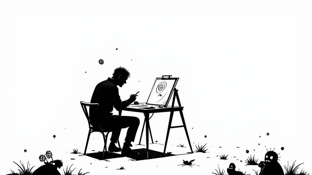 Un artista dibuja en un caballete, rodeado de figuras sombrías y hierba, con un estilo de manga de terror.