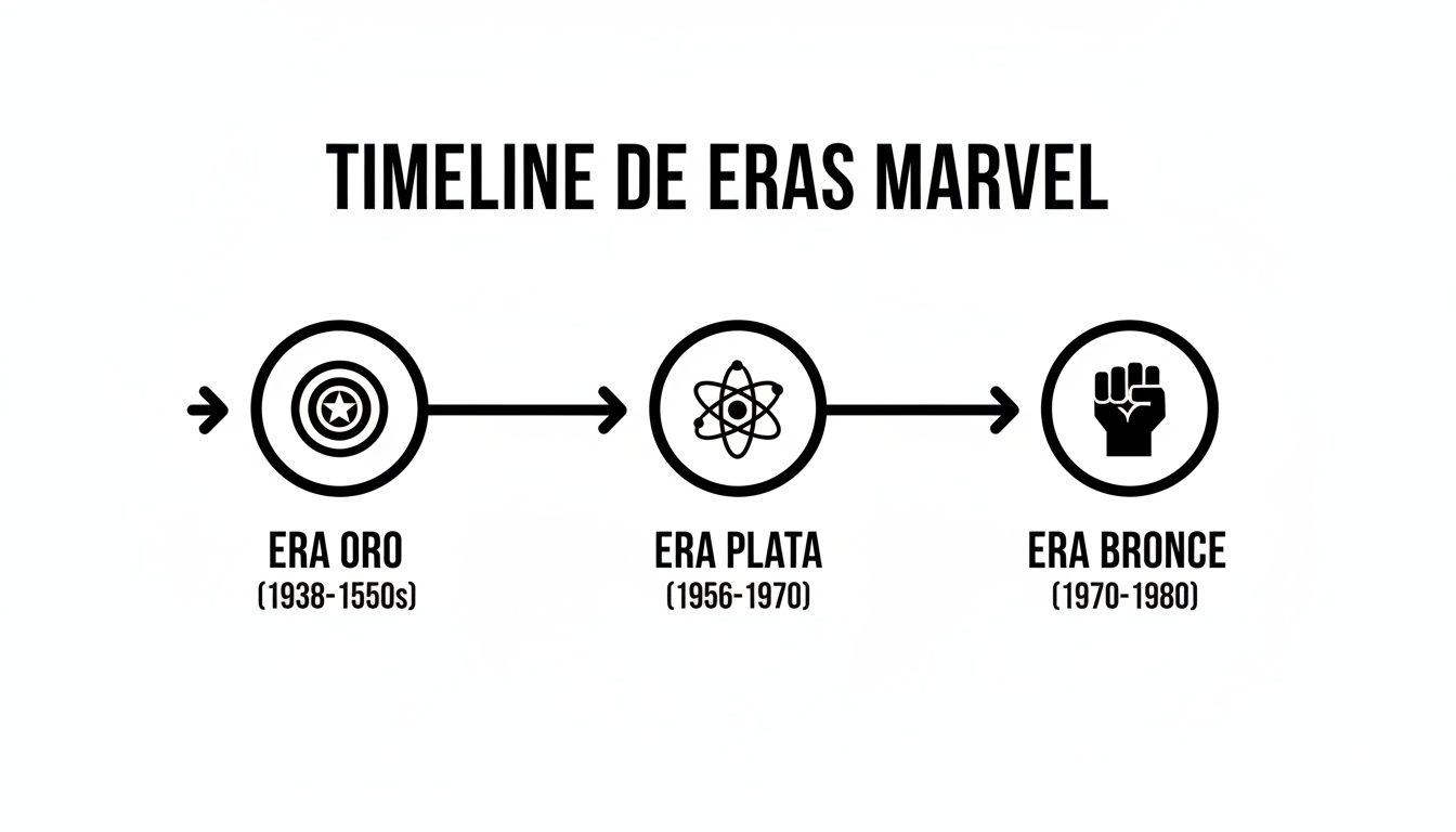 Una línea de tiempo de las eras de Marvel, mostrando la Era de Oro, Plata y Bronce con sus rangos de años.