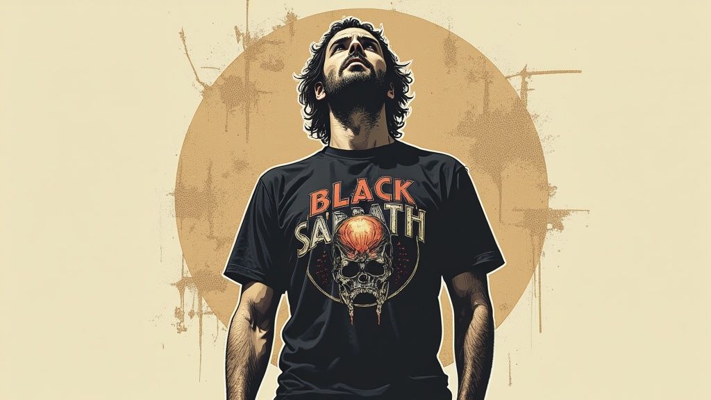 Hombre con barba y cabello rizado, camiseta negra de Black Sabbath con calavera, mirando hacia arriba. Fondo beige con círculo marrón.