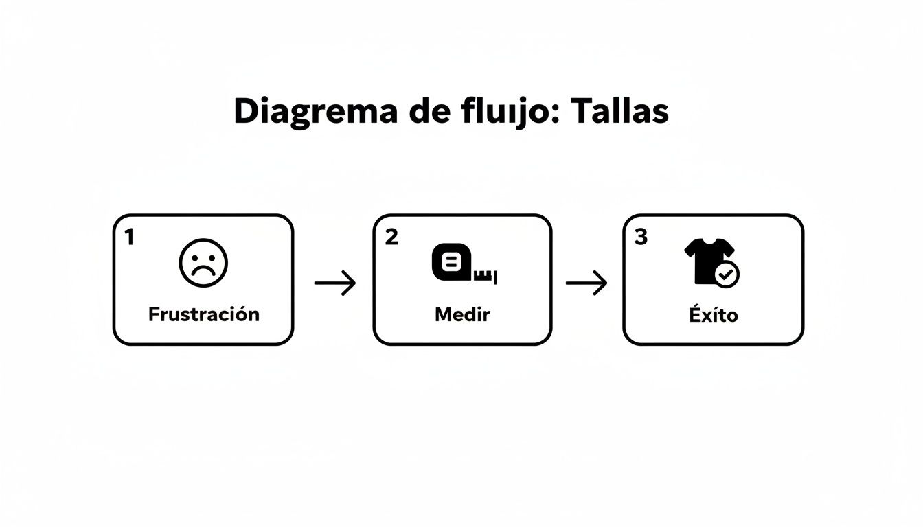 Diagrama de flujo que ilustra el proceso de encontrar tallas, desde la frustración hasta el éxito a través de la medición.