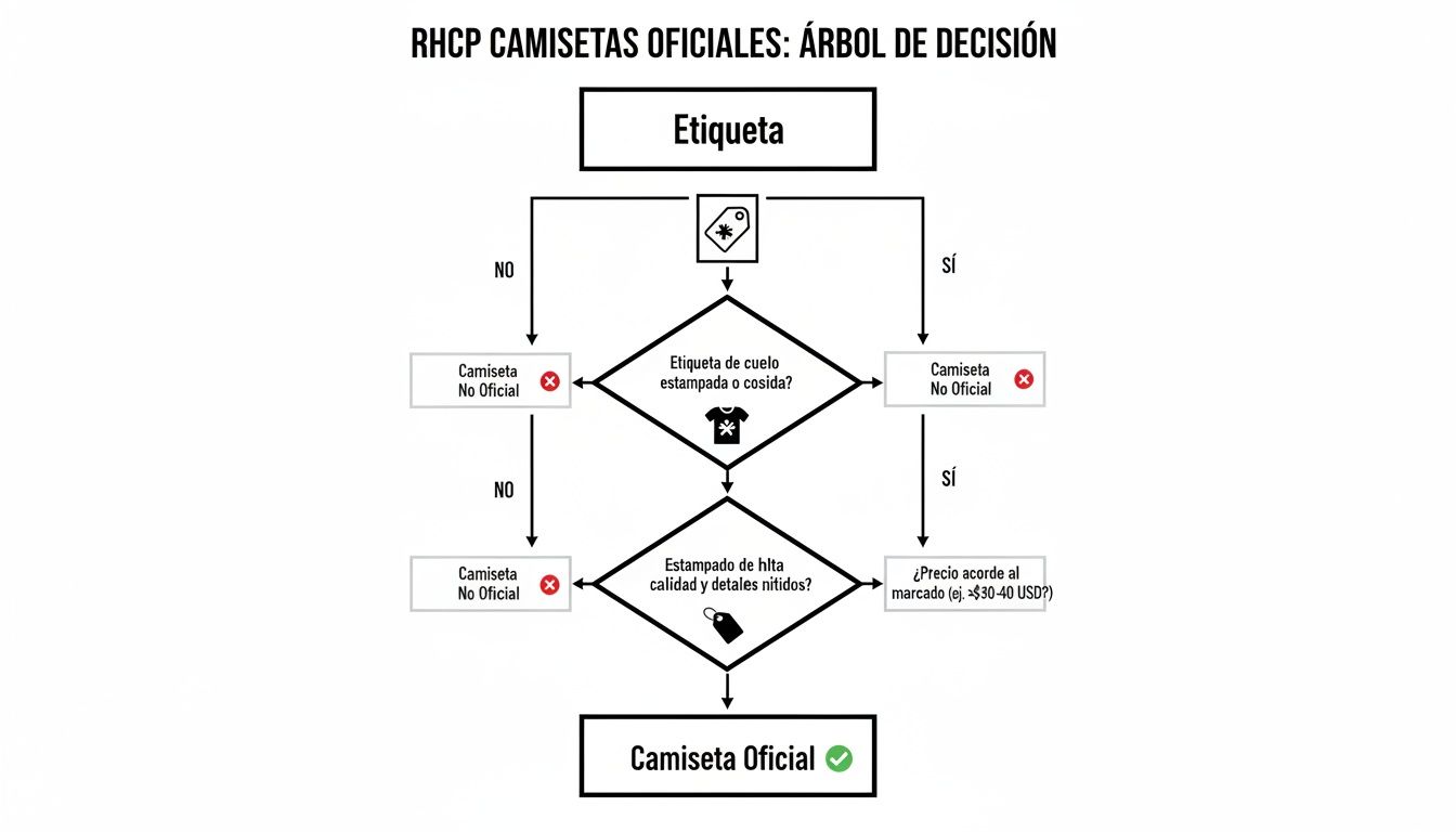 Diagrama de decisión para autenticar camisetas oficiales de Red Hot Chili Peppers basado en características clave.