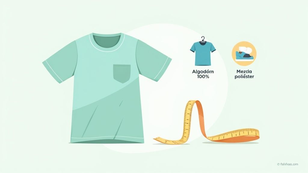 Ilustración de una camiseta verde, ejemplos de tela (algodón y poliéster) y una cinta métrica.