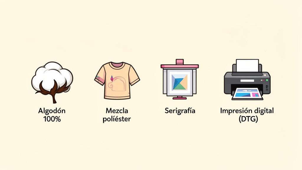 Comparación de tejidos y técnicas de impresión para camisetas: algodón, mezcla poliéster, serigrafía e impresión digital.