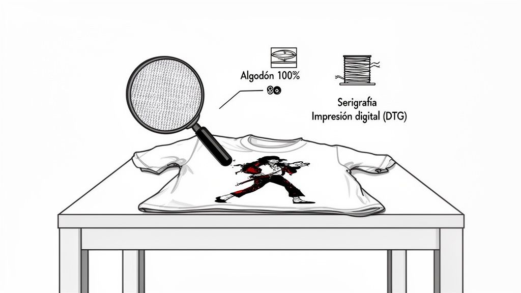 Camiseta blanca con diseño de personaje y lupa mostrando tela de algodón 100% para serigrafía o impresión digital.