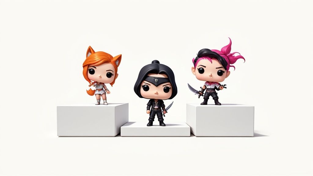 Tres figuras estilo Funko Pop de guerreras en pedestales blancos sobre un fondo claro.