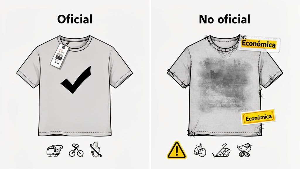Comparación de camiseta oficial y no oficial: la primera con check y etiqueta limpia, la segunda sucia y económica.