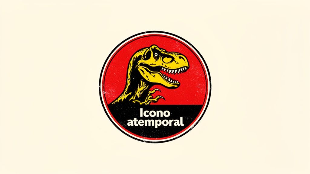 Logo circular rojo y negro con la cabeza de un T-Rex amarillo, sobre fondo rojo con el texto 'Icono atemporal'.