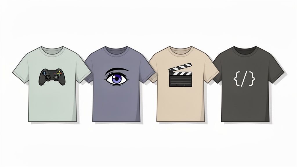 Cuatro camisetas de manga corta con diseños gráficos de videojuegos, anime, cine y programación.