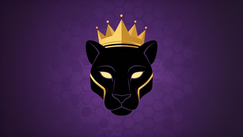 Cabeza de pantera negra con ojos brillantes y corona dorada sobre un fondo púrpura con patrón hexagonal.