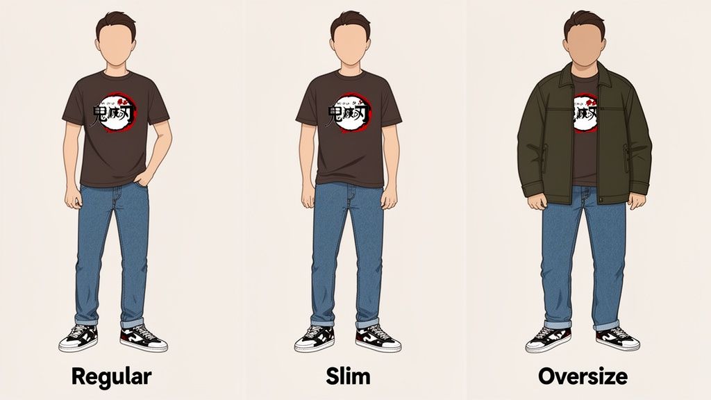 Ilustración de tres estilos de ropa de hombre: regular, slim y oversize, todos con una camiseta de Demon Slayer y jeans.