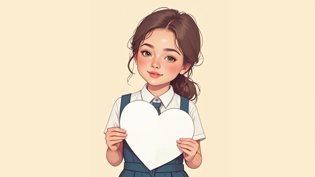 Una niña de anime sonriente con cabello castaño, vestida de colegiala, sosteniendo un corazón blanco.