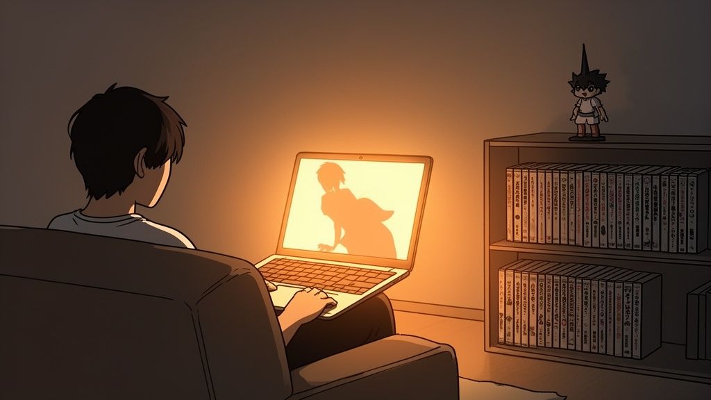 Un joven sentado en un sofá mirando una silueta en la pantalla de su laptop en una habitación oscura.