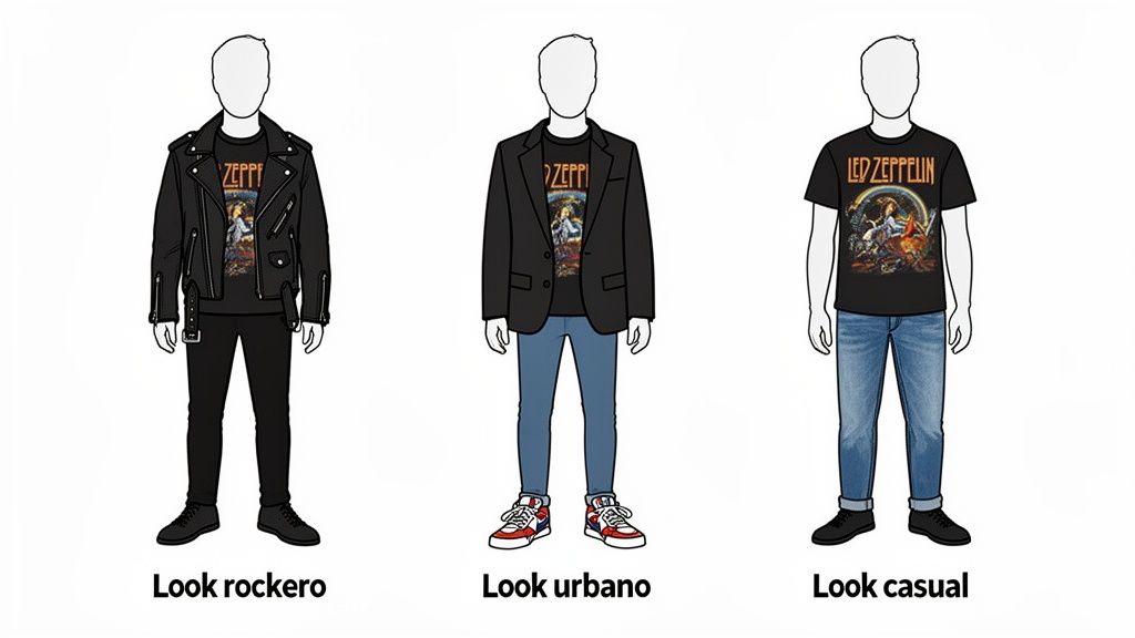 Tres atuendos masculinos con camiseta de Led Zeppelin: look rockero, urbano y casual.