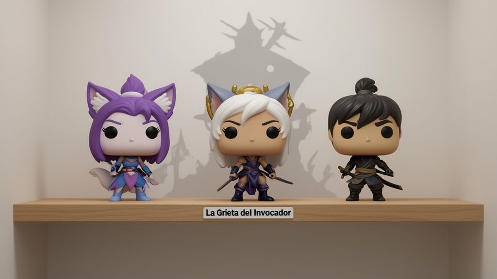 Tres figuras Funko Pop de League of Legends, con detalles de personajes, sobre una estantería de madera.