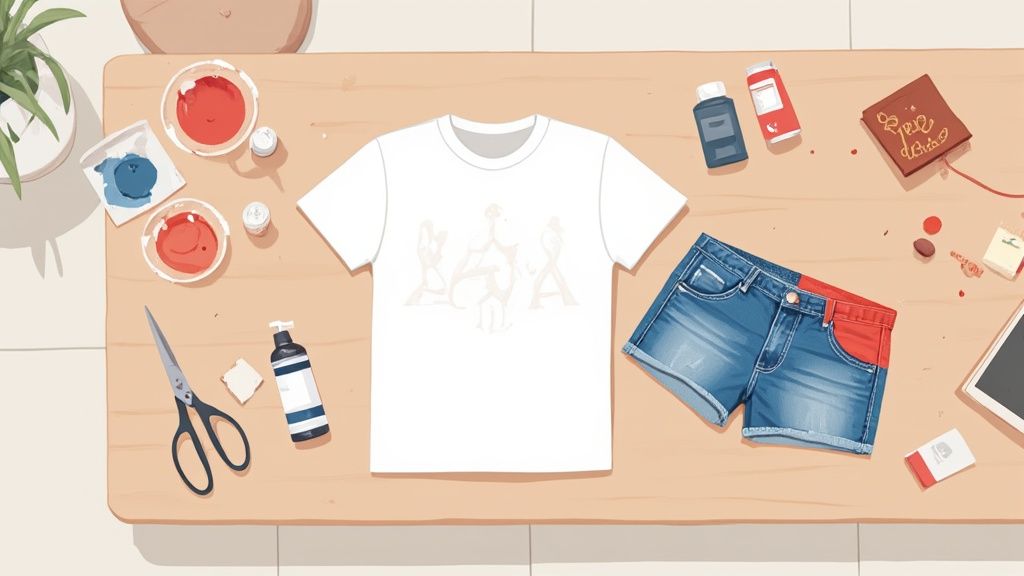 Vista aérea de una mesa con materiales para un disfraz casero de Harley Quinn, incluyendo camiseta, shorts, pinturas roja y azul.