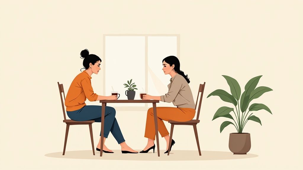 Dos mujeres sentadas en una mesa con bebidas y plantas, conversando tranquilamente.