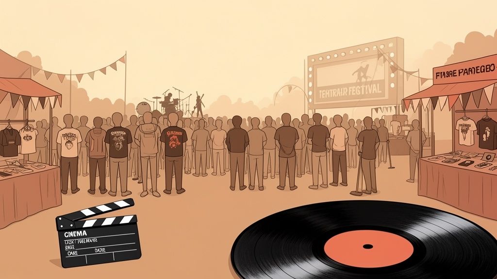 Escena de festival de música con multitud, puestos de venta, escenario con banda, disco de vinilo y claqueta.