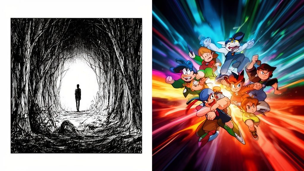 Una imagen dividida: a la izquierda, un dibujo oscuro de un bosque y una figura solitaria; a la derecha, personajes coloridos de anime con un fondo vibrante.