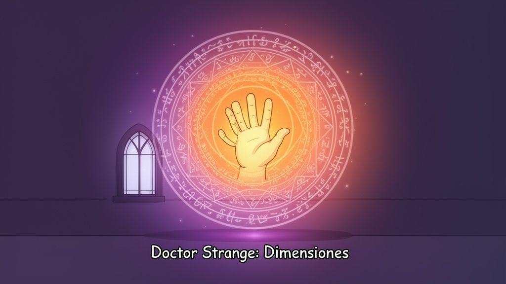 Círculo mágico brillante con una mano en el centro y ventana gótica. Texto: Doctor Strange: Dimensiones.