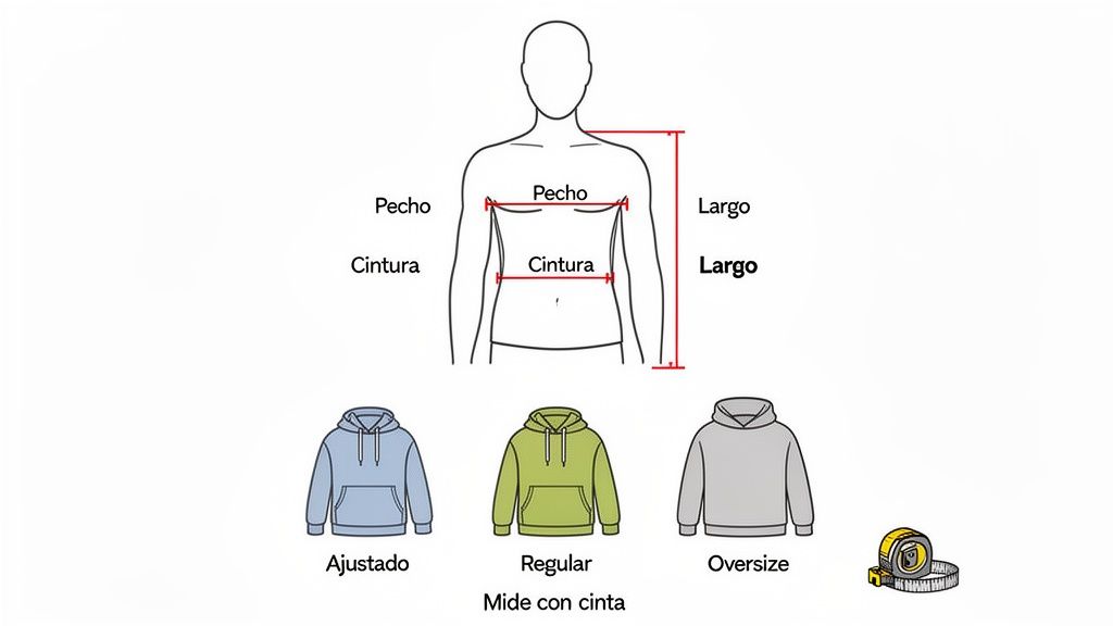 Guía de tallas para sudaderas mostrando cómo medir pecho, cintura y largo, con ejemplos de estilos ajustado, regular y oversize.