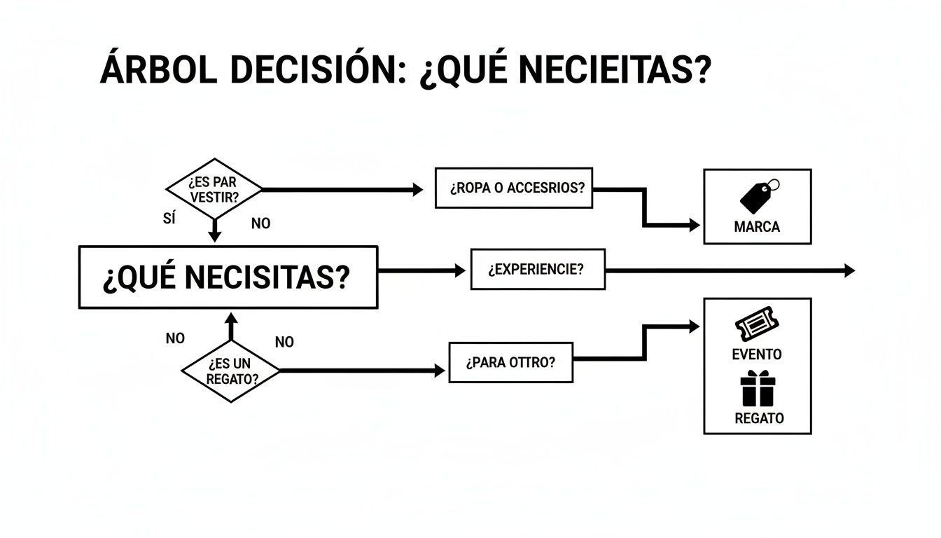 Diagrama de flujo de un árbol de decisión que guía sobre qué necesitas comprar: ropa, experiencias o regalos.