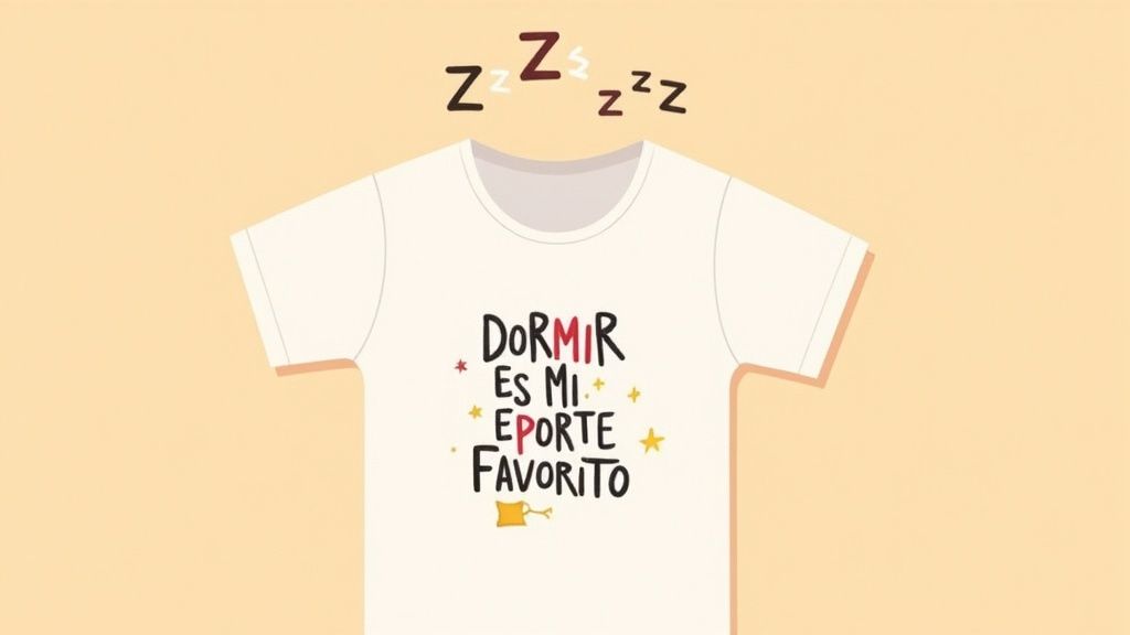 Camiseta blanca con la frase 'Dormir es mi deporte favorito' en español y símbolos de sueño 'Zzz'.