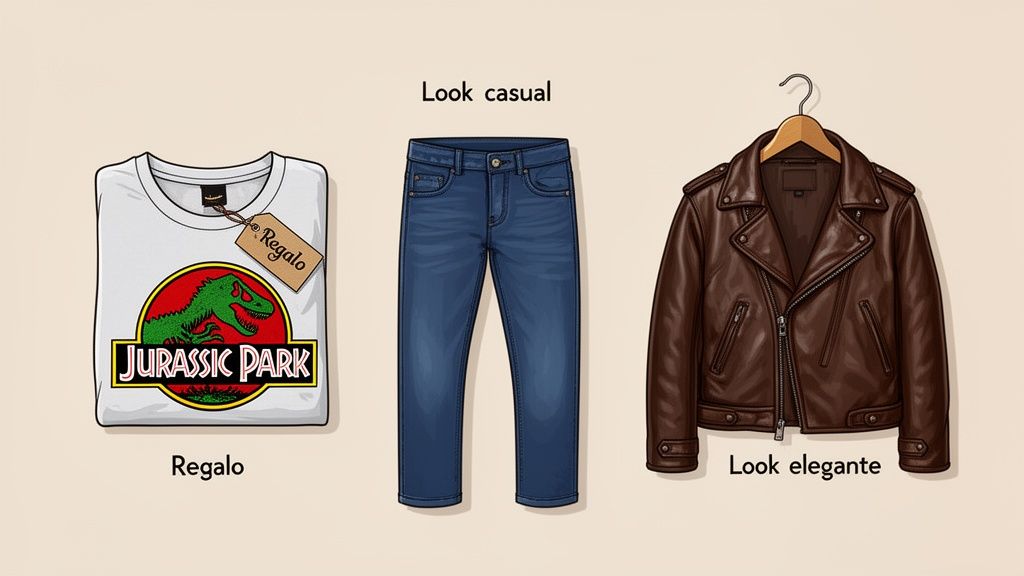 Una camiseta de Jurassic Park, jeans azules y una chaqueta de cuero marrón. Un look casual y elegante.