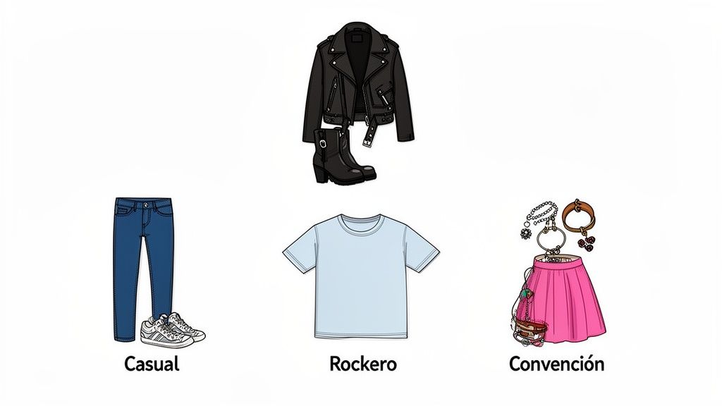 Ilustración de tres estilos de ropa: casual con jeans, rockero con chaqueta de cuero y convención con falda rosa.