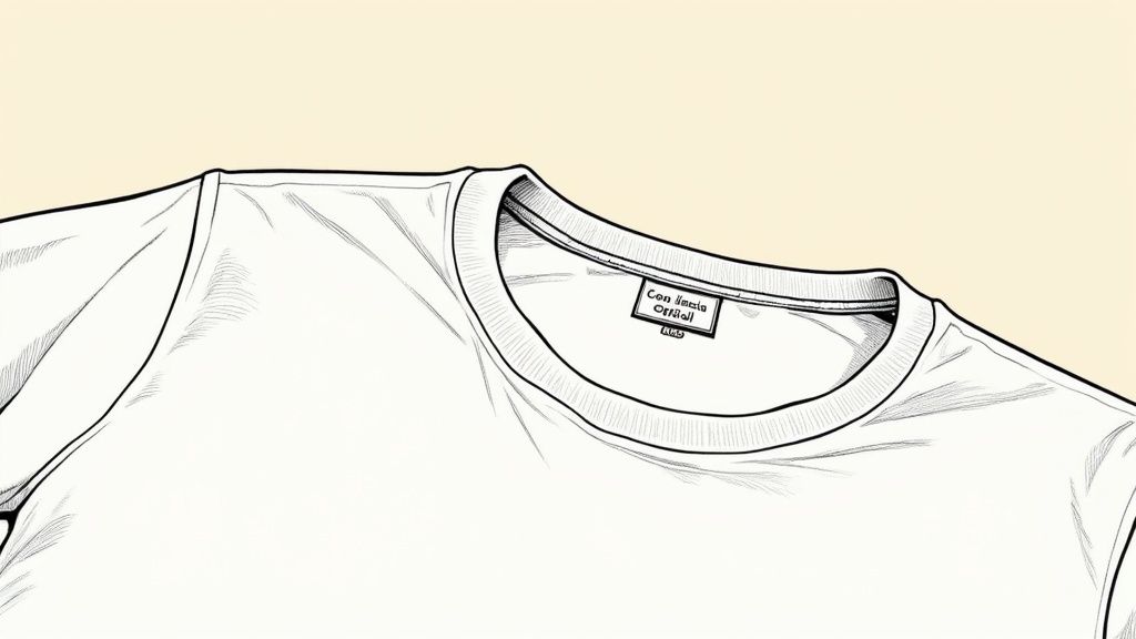 Dibujo lineal de una camiseta blanca con cuello redondo, mostrando la etiqueta en el interior.