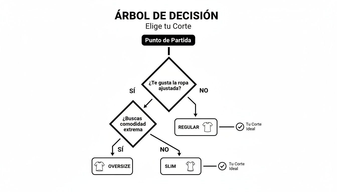 Árbol de decisión para seleccionar el corte de camiseta ideal: Regular, Oversize o Slim.