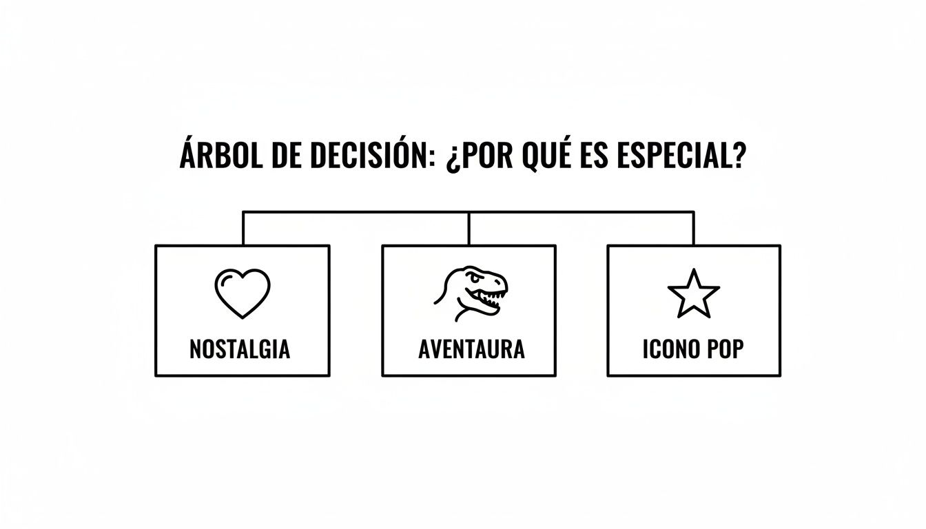 Diagrama de árbol de decisión que pregunta '¿Por qué es especial?' con opciones de Nostalgia, Aventura e Icono Pop.